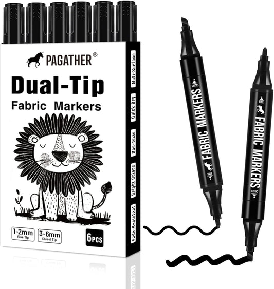 Fabric Markers Permanent for Clothes, 6 Pack Black Dual Tip with Fine and Chisel Tips Paint Pens for Clothing Canvas Tote Bags T-Shirt and Shoes, Non Toxic Ink for Kids and Adults