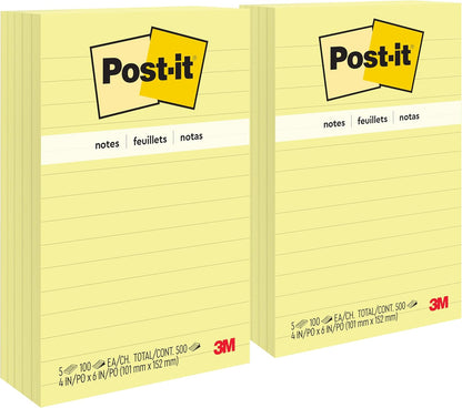 Post-it Notes, 4 in x 6 in, 5 Lined Sticky Notes Pads, 100 Sheets per Pad, Canary Yellow, The Original Post-it Note, School Supplies and Oﬃce Products