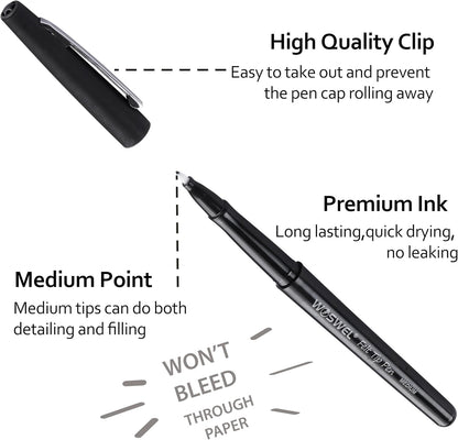 WOSWEL Black Felt Tip Pens, 32 Black Pens, 0.7mm Medium Point Felt Tip Markers Pens for Journaling, Note Taking, Planner, Writing,Drawing.Perfect for Art Office and School Supplies
