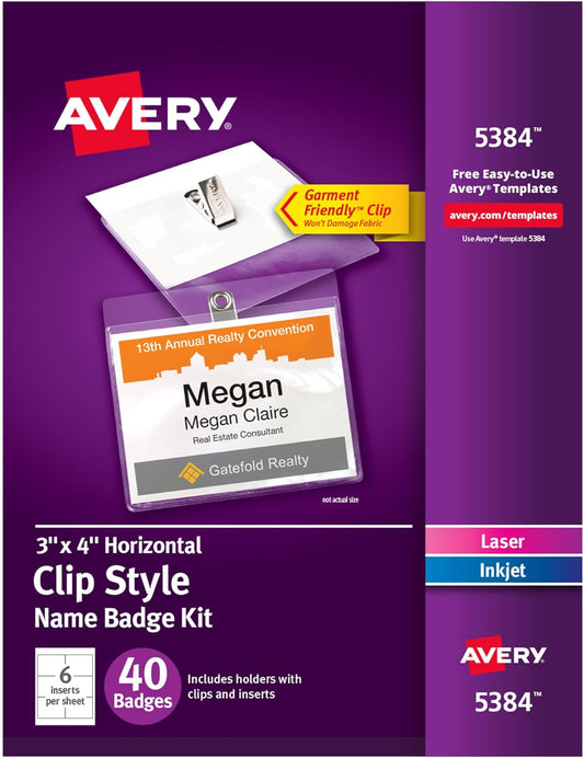 Avery Customizable Name Badges, Clip Style, 3" x 4", Clear Name Tag Holders, White Laser/Inkjet Printable Inserts, 100 Total (74541)