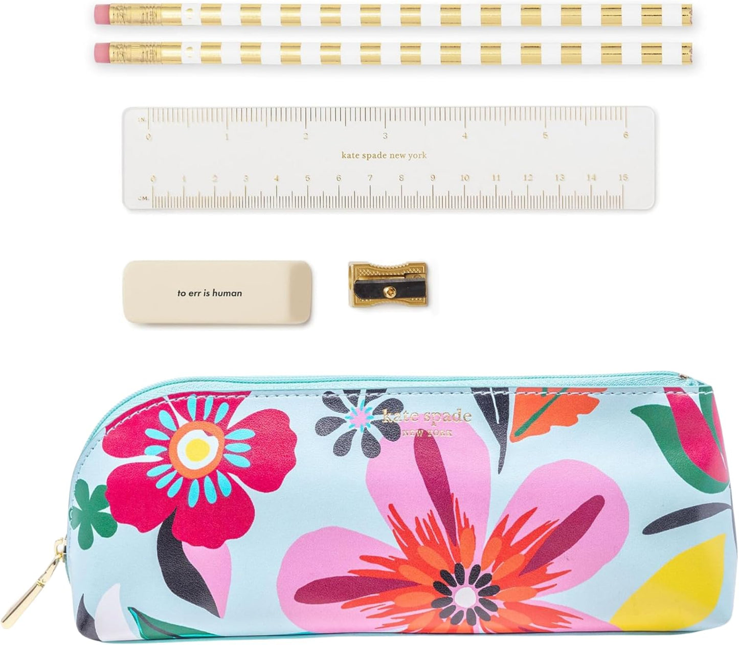kate spade new york Pen and Pencil Case with Office Supplies, Zip Pouch Includes 2 Pencils, Sharpener, Eraser, and Ruler, Polka Dots (black/white)