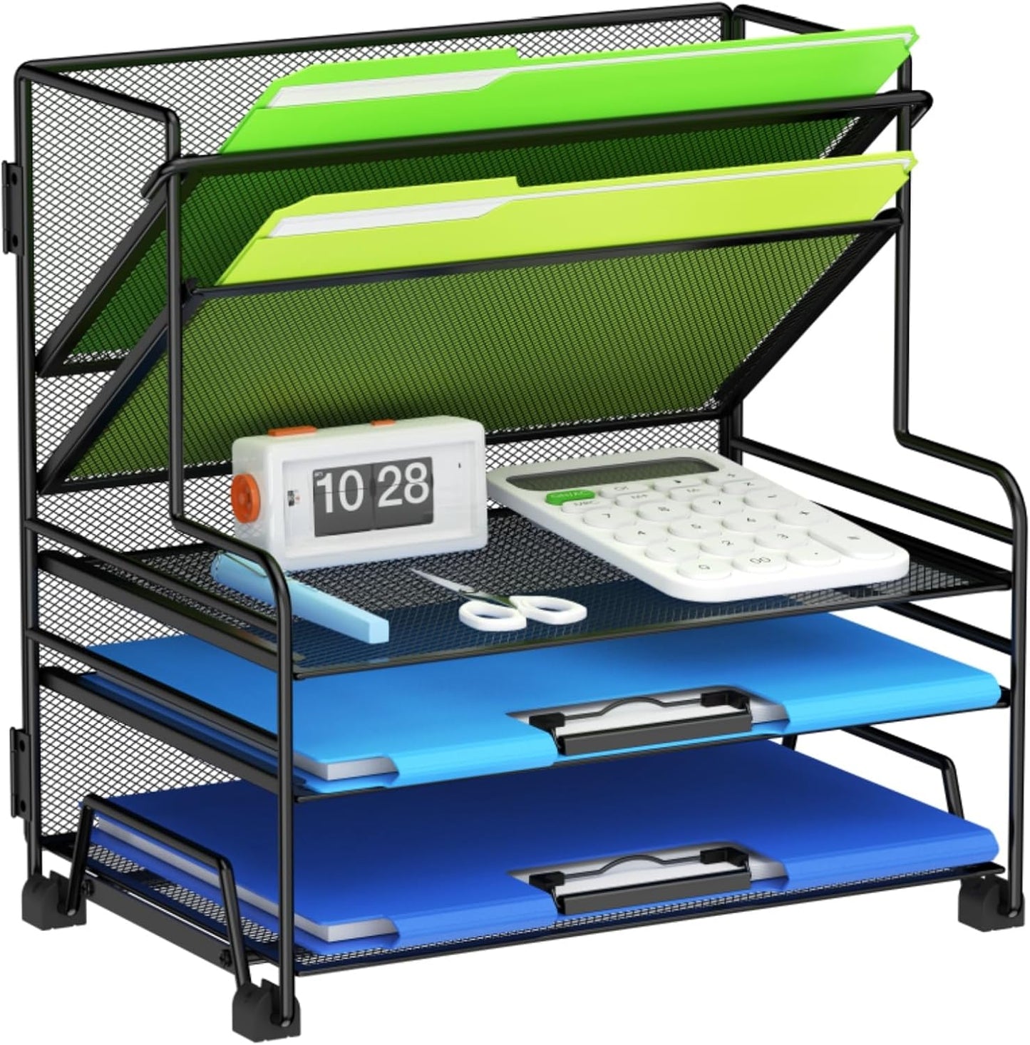 MINDEPOT 4-Tier Paper Organizer + 3-Pocket File Holder + Drawer + Pen Holders, Desktop File Organizers Paper Tray for Office Supplies School Classroom Organization (Black, No Drawer & Pen Holder)
