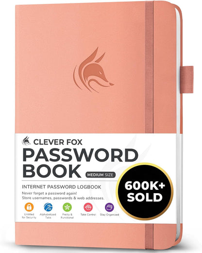 Clever Fox Password Book with alphabetical tabs. Internet Address Organizer Logbook. Small Pocket Password Keeper for Website Logins (Orange)