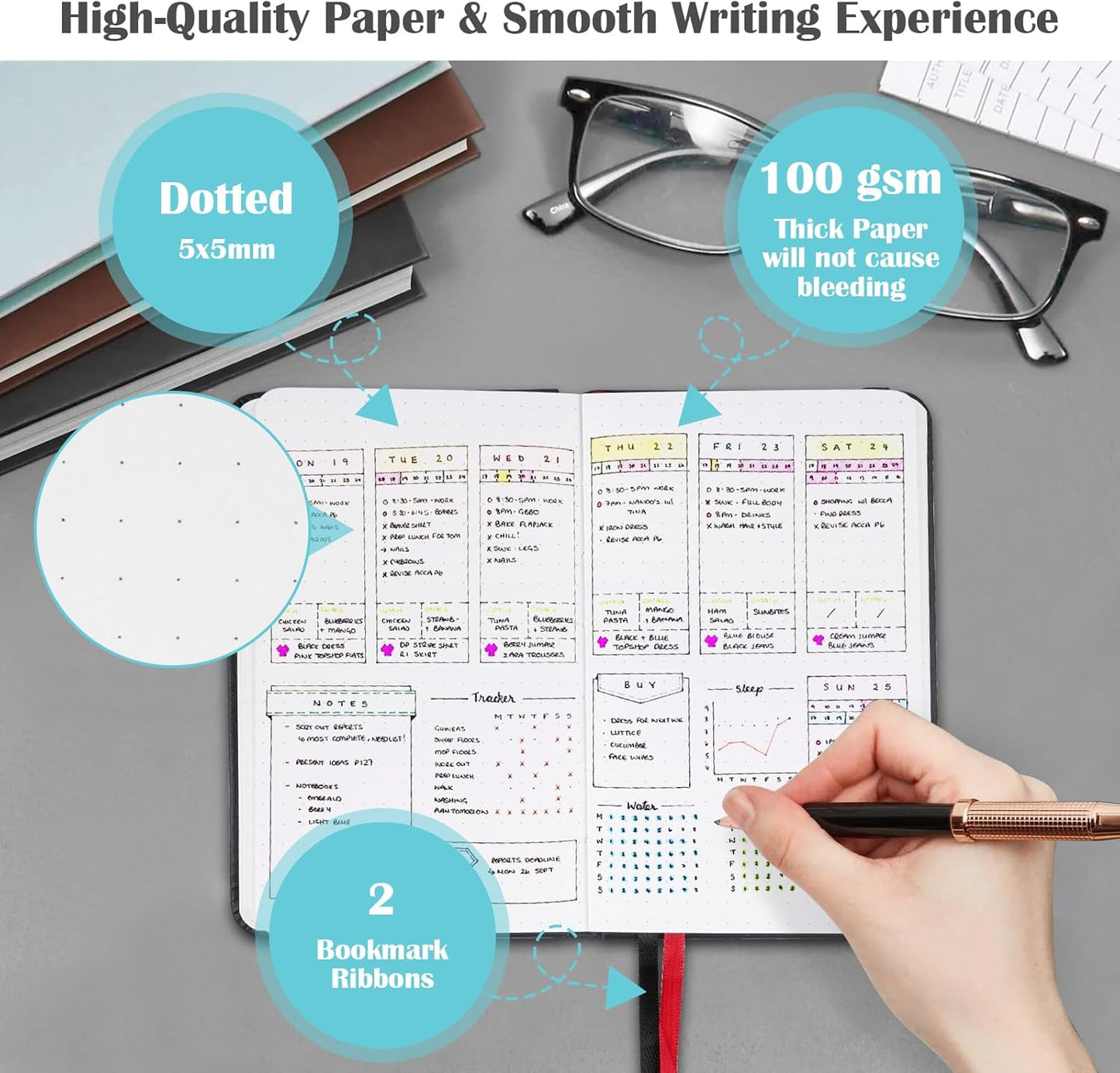 Pocket Dotted Notebook, 2-Pack Dot Grid Notebook, Dotted Journal with Stickers, 3.5" x 5.5" Hardcover, Small Mini A6 size, 160 Pages, 100 gsm Thick Paper, Cognac Brown