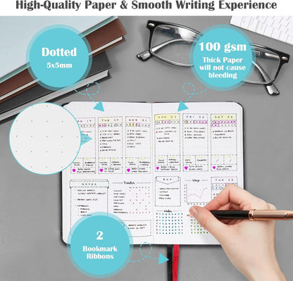 Pocket Dotted Notebook, 2-Pack Dot Grid Notebook, Dotted Journal with Stickers, 3.5" x 5.5" Hardcover, Small Mini A6 size, 160 Pages, 100 gsm Thick Paper, Cognac Brown
