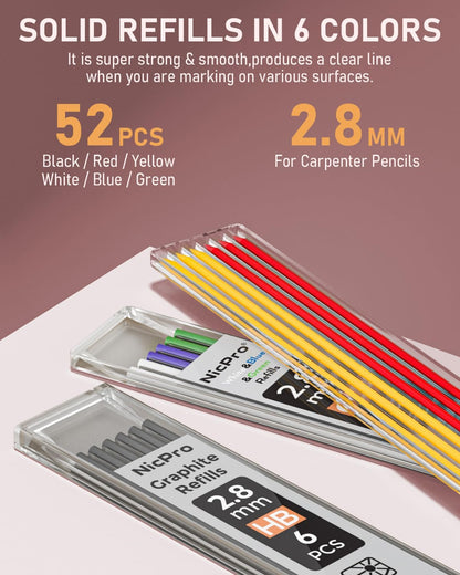 Nicpro Carpenter Pencil with Sharpener, Mechanical Pencils Set with 26 Refills, Deep Hole Marker for Construction, Heavy Duty Woodworking Tools for Architect (Black, Red) - With Case
