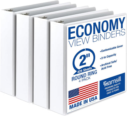 Samsill 1.5 Inch 3 Ring Binders, Economy Round Ring, Clear View Cover, 325 Sheet Capacity - for School, Home, Office - White, 4 Pack