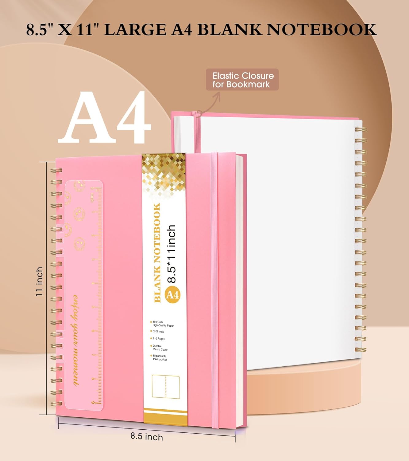 Spiral Notebook Journal 8.5” x 11”, A4 Large Pink Notebooks for Women Men, College Ruled Lined Journal, 100 GSM Paper, Plastic Hardcover Spiral Bound Journals for Work School Note Taking Business