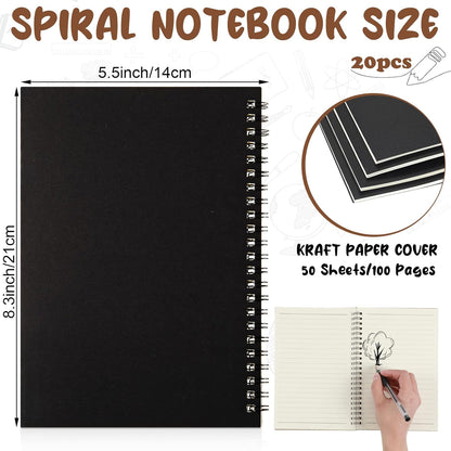 Eersida 20 Pack A5 Spiral Notebook College Ruled Spiral Notebook Bulk 5.5 x 8.3 Inch Hardcover Notepads Lined Travel Writing Journal Notepad, 50 Sheets 100 Pages(Black, Kraft)