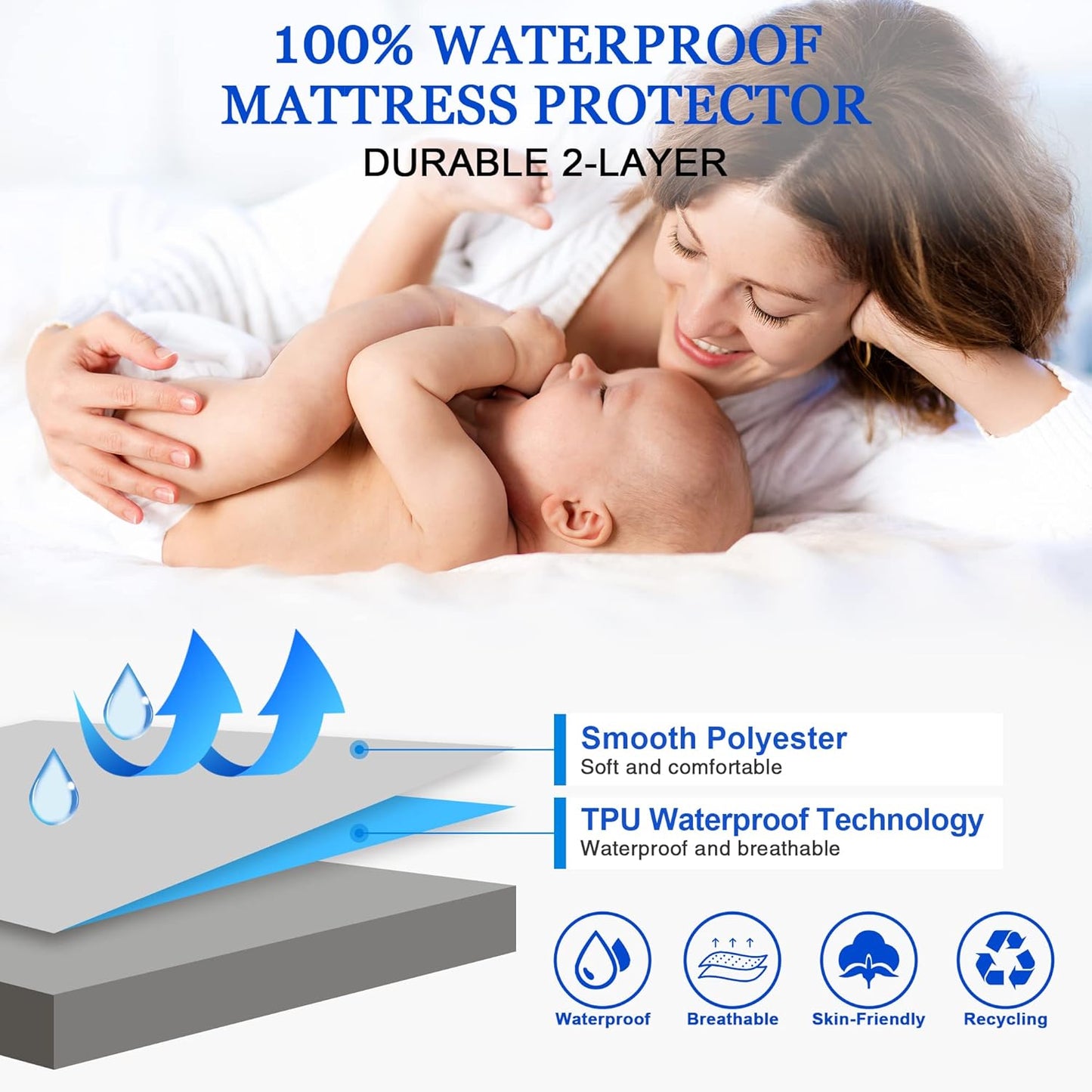 Sufdari Mattress Protector,Waterproof 18" Deep Pocket Mattress Cover Fitted Sheet Style with Elastic Rubber Band,Washable and Easy Care-Black,Queen
