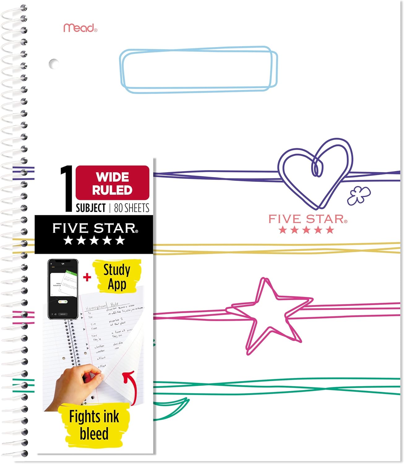 Five Star Spiral Notebook + Study App, 2 Pack, 1 Subject, Wide Ruled, 8" x 10-1/2", 80 Sheets, Fights Ink Bleed, Water Resistant Cover, Pastel Waves and Brush Strokes (930210F-ECM)