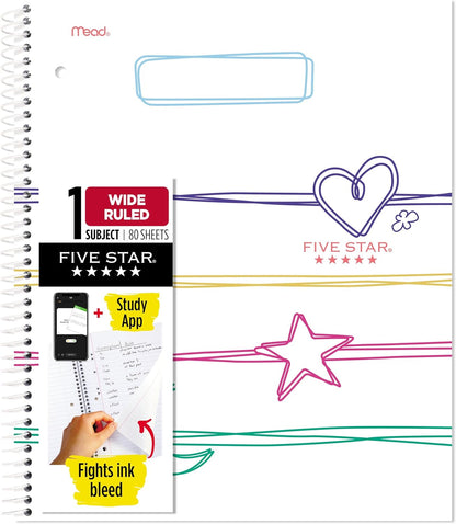 Five Star Spiral Notebook + Study App, 2 Pack, 1 Subject, Wide Ruled, 8" x 10-1/2", 80 Sheets, Fights Ink Bleed, Water Resistant Cover, Pastel Waves and Brush Strokes (930210F-ECM)