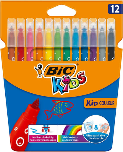 BIC Kids Kid Couleur Felt Tip Colouring Pens - Assorted Colours, Cardboard Wallet of 12