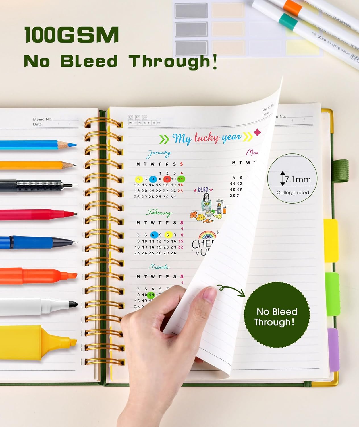 Hardcover Spiral Notebook Journal with Removable Dividers Tabs, 300 Pages Leather 5 Subject Notebook College Ruled, 8"x10" Large B5 Notebooks for Work School Note taking, Lined Journal for Women, Pink