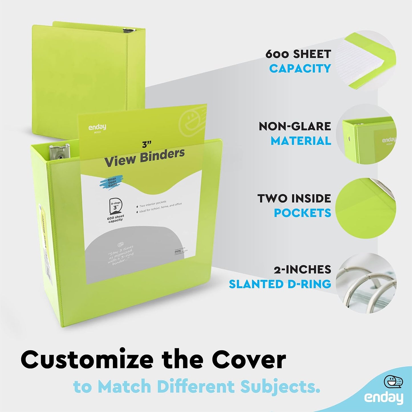 3 Inch Binder 3 Ring Binders Green, Slant D-Ring 3” Clear View Cover with 2 Inside Pockets, Heavy Duty Colored School Supplies Office and Home Binders – By Enday