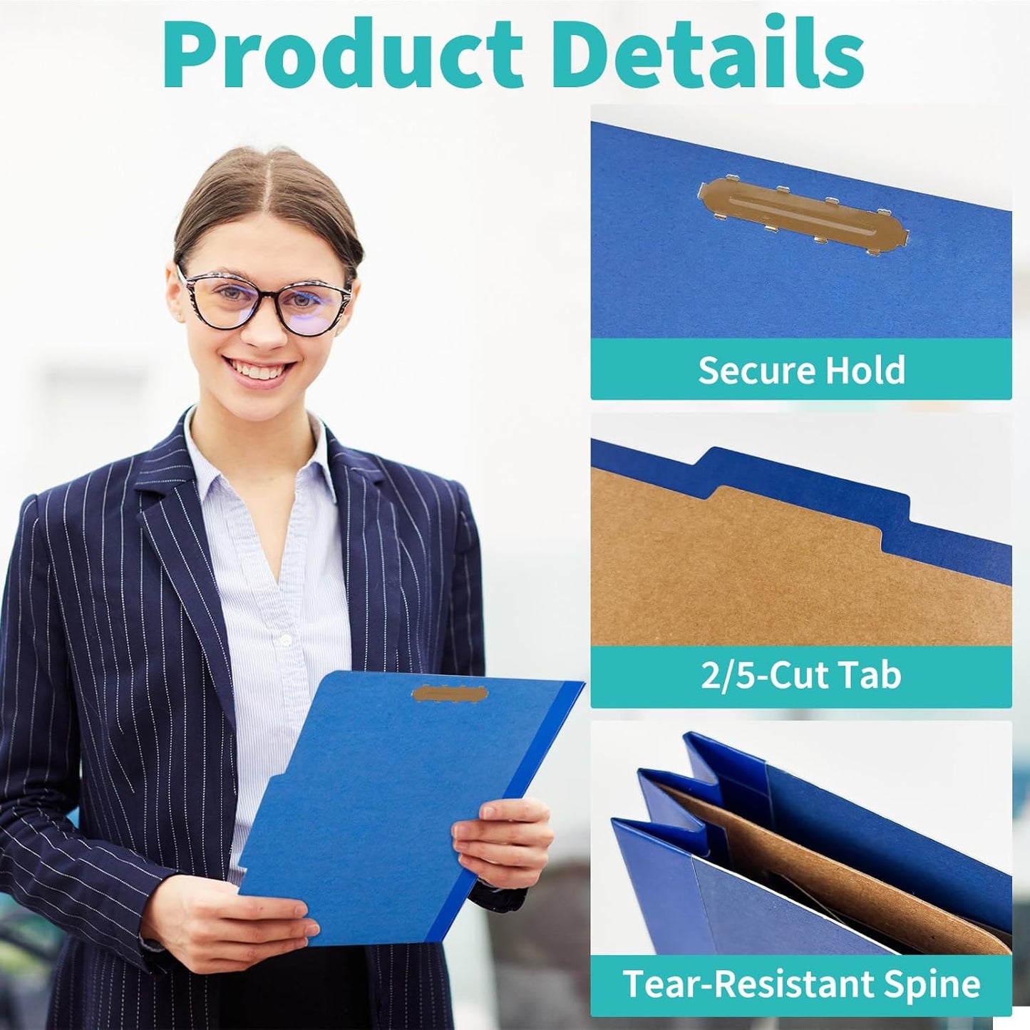Binditek 10-Pack Pressboard Classification Folders, 1 Divider, Letter Size (8.5" x 11"), 2" Tyvek Expansions, 4 Embedded Top Fasteners (2-Prong Design), Navy
