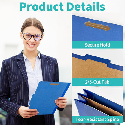 Binditek 10-Pack Pressboard Classification Folders, 1 Divider, Letter Size (8.5" x 11"), 2" Tyvek Expansions, 4 Embedded Top Fasteners (2-Prong Design), Navy