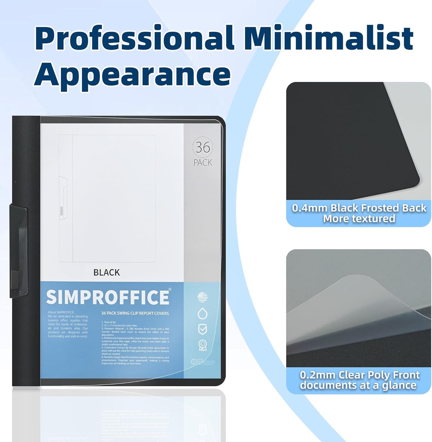 36 Pack Swing Clip Report Covers, Plastic Presentation Folders with Clip for Professional Use, Clear Front and Navy Blue Frosted Back, 9 x 11.4 Inches for Letter Size