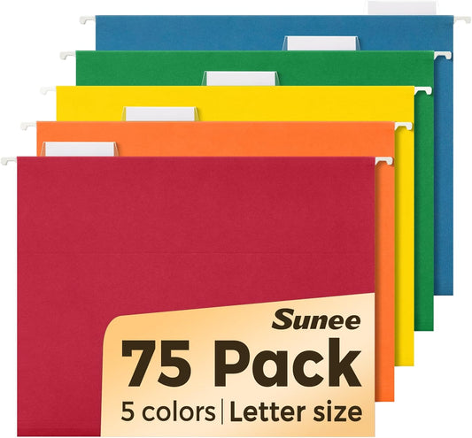 SUNEE Hanging File Folders, Pastel Colors - 75 Pack, Colored File Folders Letter Size with 1/5-Cut Tabs, Ideal for Organizing Home and Office Documents