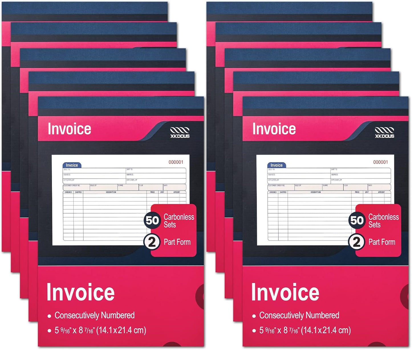 XKDOUS 2 Pack Invoice Book, 2-Part Carbonless, 5-9/16" x 8-7/16" Invoice Receipt Book for Small Business, 50 Sets per Book