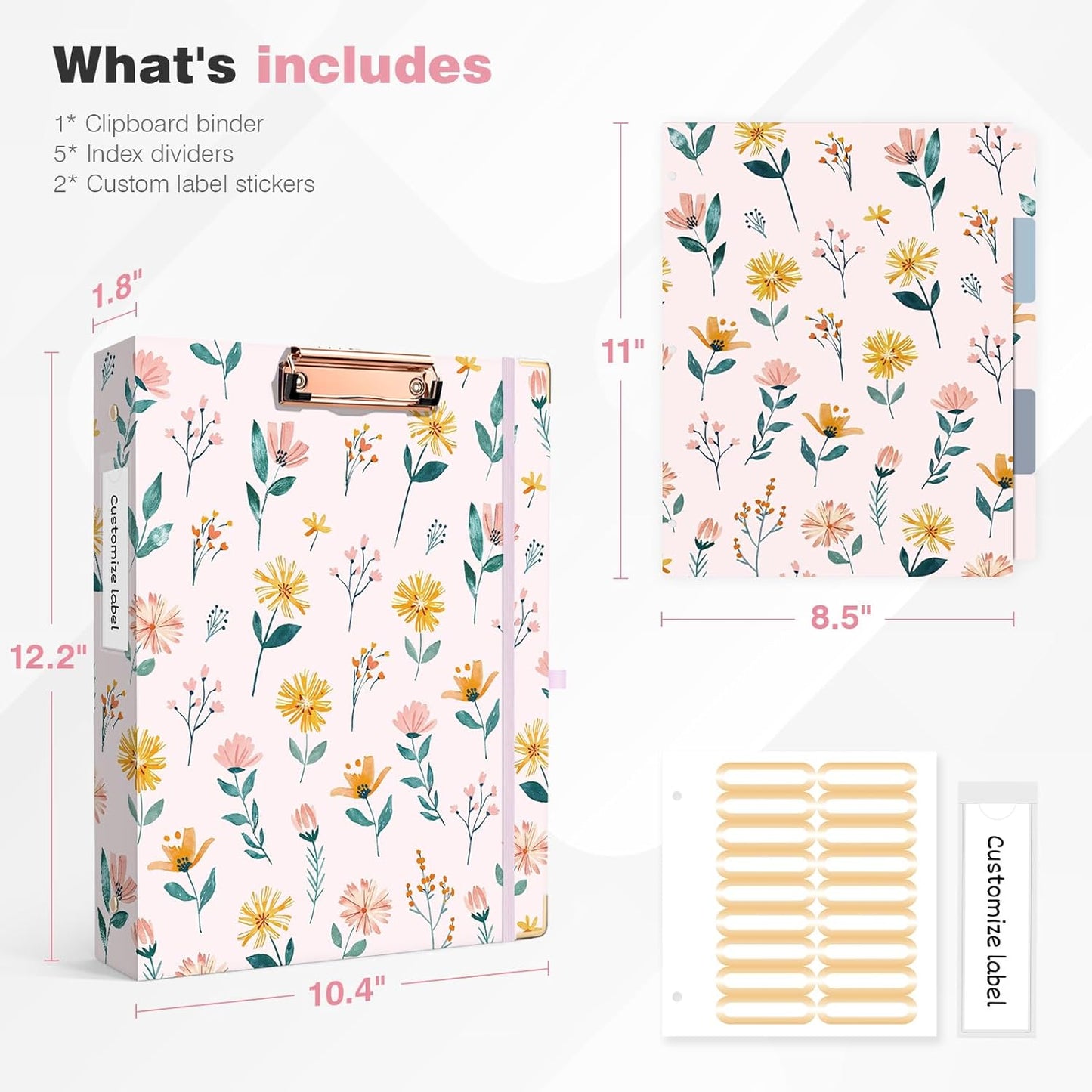 Ospelelf Binder 3 Ring 1 Inch, Floral Round Ring Clipboard Binder for Letter Size with 5 Tab Dividers, File Folder Labels, for School and Office Supplies