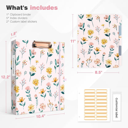 Ospelelf Binder 3 Ring 1 Inch, Floral Round Ring Clipboard Binder for Letter Size with 5 Tab Dividers, File Folder Labels, for School and Office Supplies
