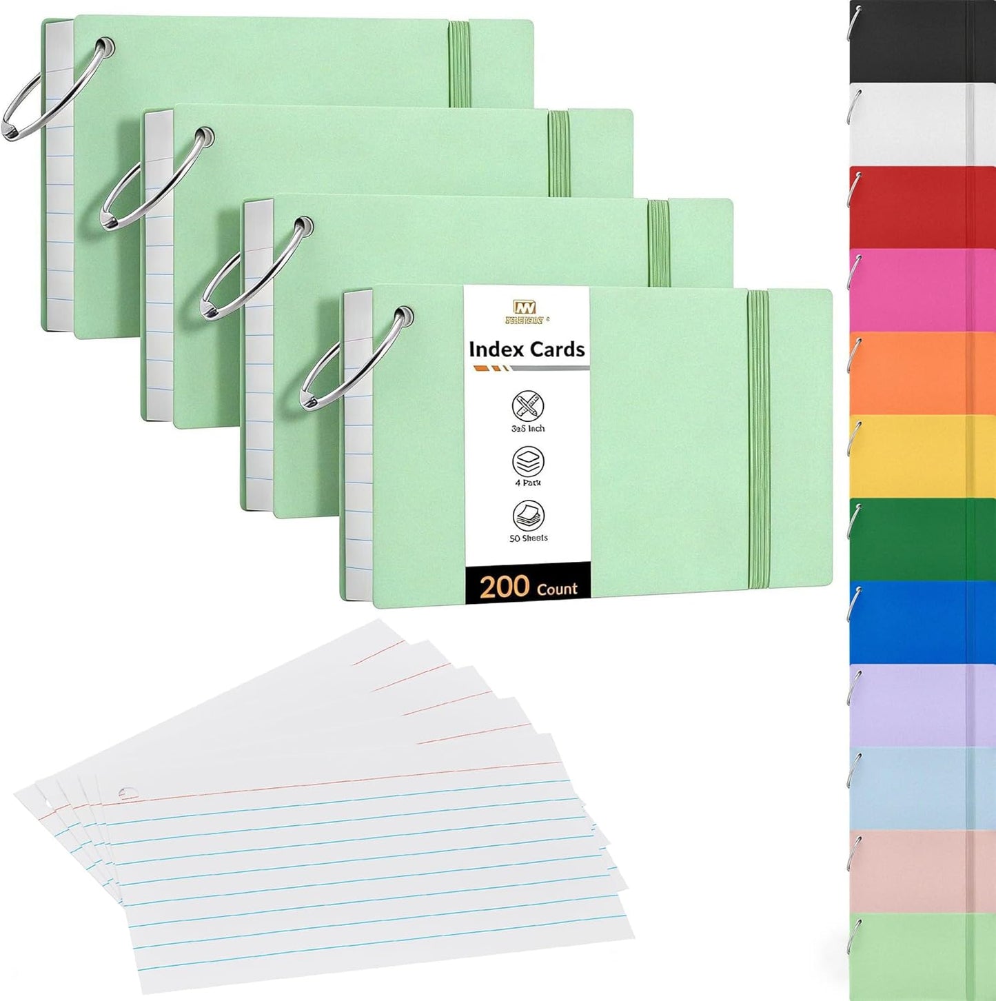NEEWAY Ruled Index Cards with Ring 3x5 Inches, 200 Count Note Cards Lined, Flash Cards with Rings for Studying, Home and Office (Black)