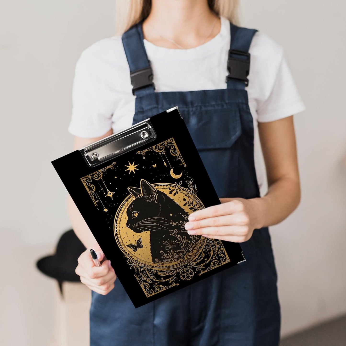 Gothic Moon Phase Clipboard Folio with Storage, Witchy Moon Decorative Clipboard Folder, Gothic Black Gold Clipboards for Women, Witchy Gifts Office Supplies, 12.4x9.2In