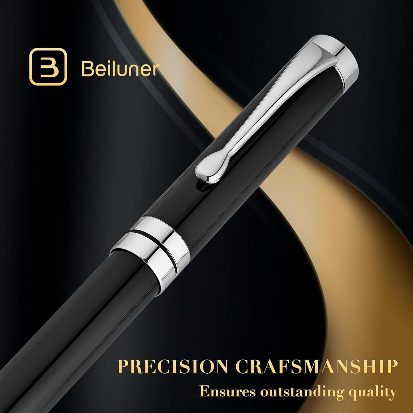 BEILUNER Ballpoint Pens, Stunning Black Chrome Metal Pen with Golden Trim, Best Ball Pen Gift Set for Men & Women, Professional, Executive, Office, Nice Pens-Gift Box with 0.5mm Black Extra Refill