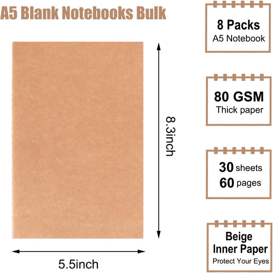 EOOUT 24 Pack Blank Kraft Notebooks, A5 Journals Notebook Bulk, Unlined Paper Sketchbooks, 8.3x5.5in 60 Pages Travel Journal Set for Journaling, Student, Kids, Writing