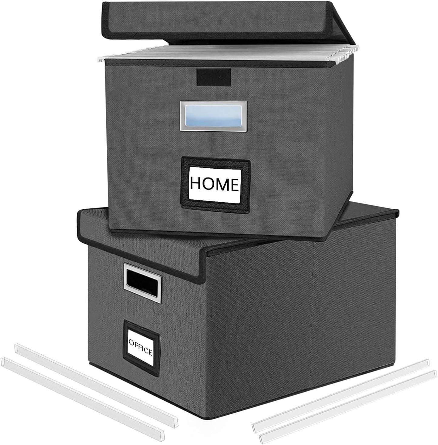 Huolewa Upgraded Portable File Organizer Box with Lid, Collapsible Linen Hanging Filing Storage Boxes with Plastic Slides, Decorative Home/Office Filing System Box for File and Folders Storage (Gray)