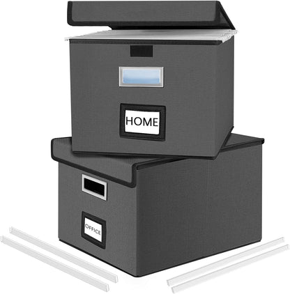Huolewa Upgraded Portable File Organizer Box with Lid, Collapsible Linen Hanging Filing Storage Boxes with Plastic Slides, Decorative Home/Office Filing System Box for File and Folders Storage (Gray)