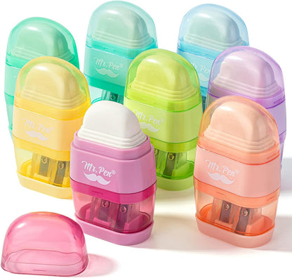 Mr. Pen- Pencil Sharpener & Eraser, 4 Pack, 2-in-1 Manual Sharpeners with Canister, 2 Sharpening Holes for Standard & Jumbo Pencils, Colorful Dual Hole Design for School, Office, Home, Kids