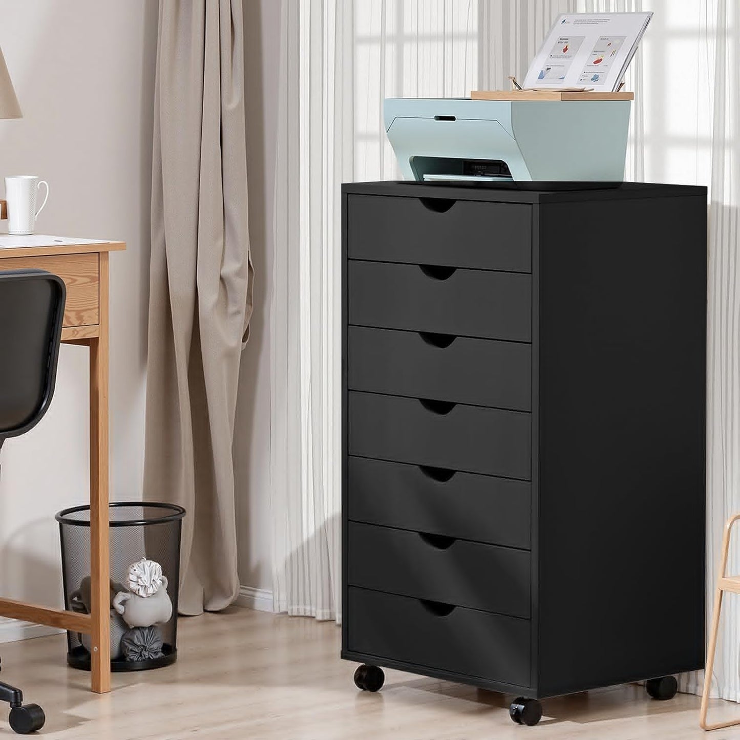 OLIXIS 5 Drawer Mobile File Cabinet Under Desk Storage Organization with Wheels Vertical Filing Chest Rolling Wood Small Desk Printer Stand for Home Office, 15.75"D x 18.74"W x 25.39"H, Black