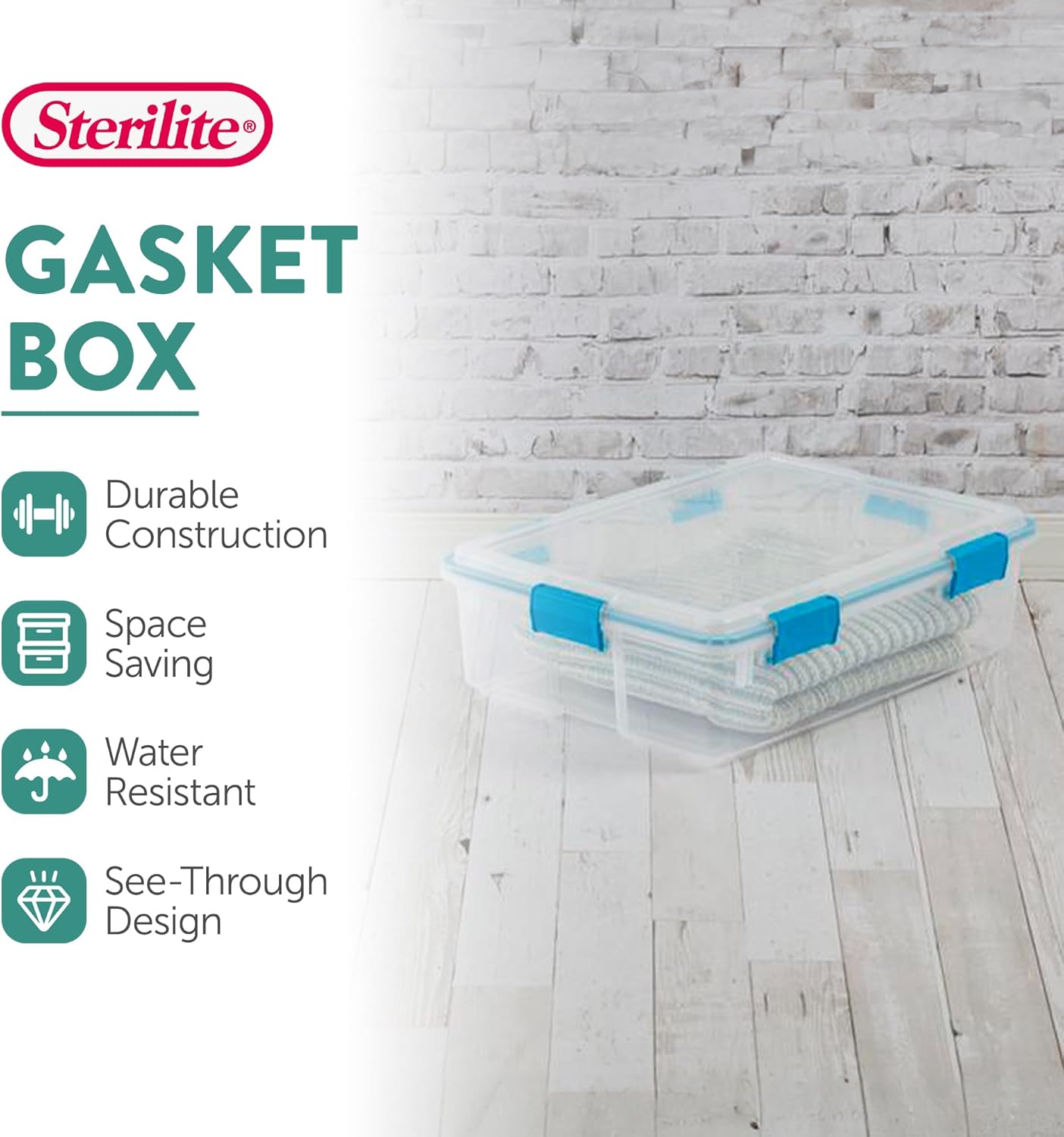 Sterilite 4-Pack Gasket Box, Weather-Resistant Storage Bins with Latching Lids, 32 Quart - Heavy-Duty Organizing Containers for Closet, Bathroom, and Office