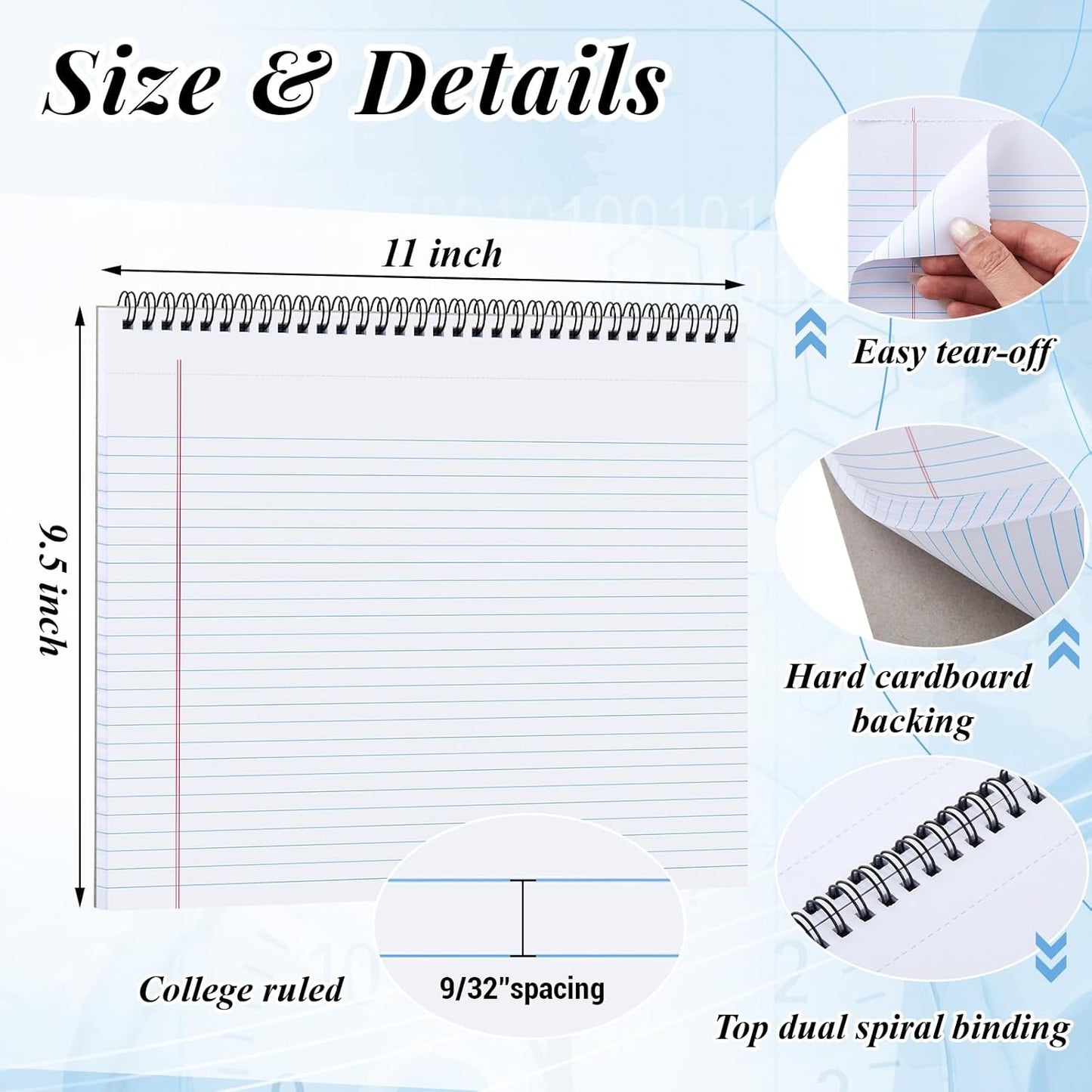 MotiMind 4 Pcs Legal Pads Landscape Notebooks Hole Punched Top Spiral Bound Notebooks 11 x 9.5 Inch College Ruled Drawing Notepad Tear Line for Removal 50 Sheet Office Steno Book(White)