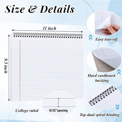 MotiMind 4 Pcs Legal Pads Landscape Notebooks Hole Punched Top Spiral Bound Notebooks 11 x 9.5 Inch College Ruled Drawing Notepad Tear Line for Removal 50 Sheet Office Steno Book(White)