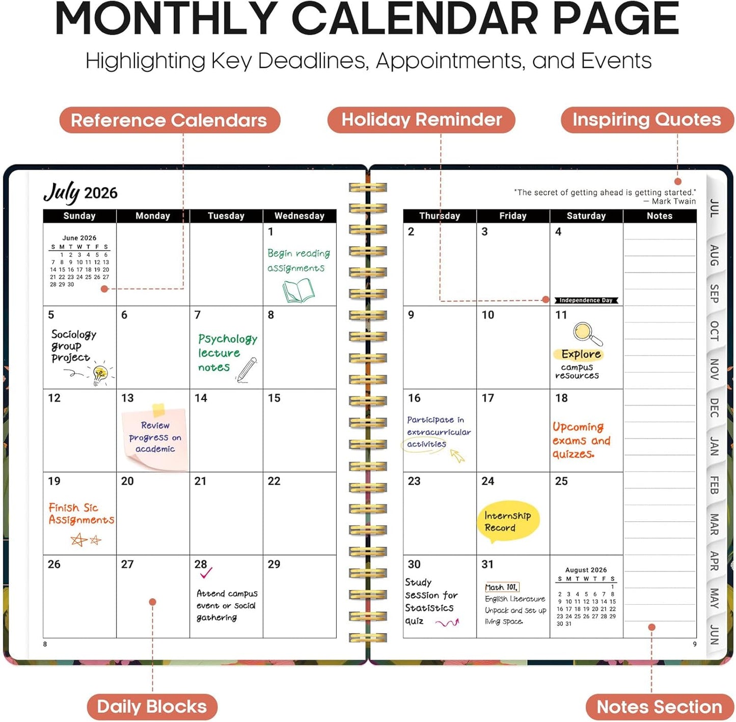 Planner 2026-2027, Academic Year Monthly and Weekly Calendar Planner, Jul 2026 - Jun 2027, Hardcover Teacher Student Planning Agenda book with Tabs, Perfect for School Office Supplies, 6.3" x 8.5" - Wildflowers