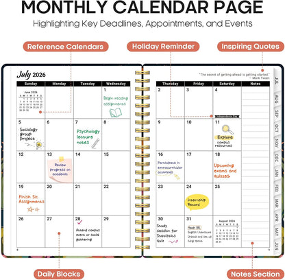 Planner 2026-2027, Academic Year Monthly and Weekly Calendar Planner, Jul 2026 - Jun 2027, Hardcover Teacher Student Planning Agenda book with Tabs, Perfect for School Office Supplies, 6.3" x 8.5" - Wildflowers