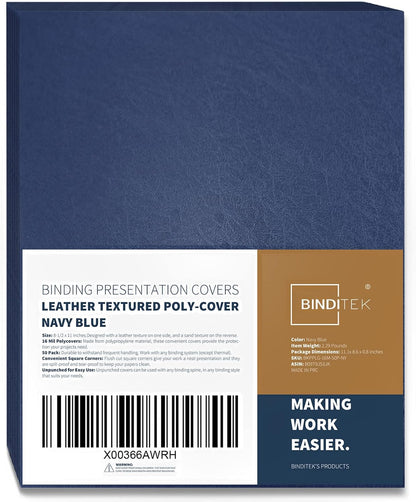 Binditek 100 Pack 16 Mil Leather-Textured Heavyduty Polycovers, Plastic Binding Presentation Covers, Letter Size, 8-1/2 x 11", Square Corners, Un-Punched, Black