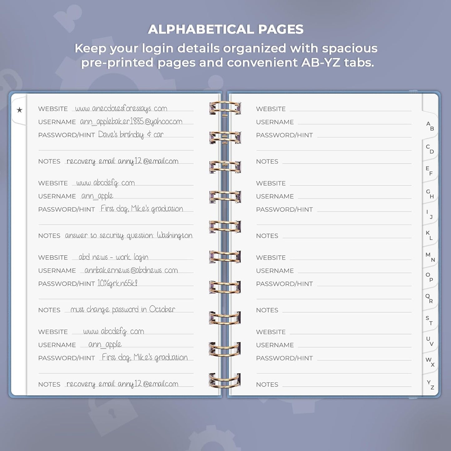 Clever Fox Password Book Spiral – Internet Address & Password Organizer with Laminated Alphabetical Tabs – Password Keeper Journal – Hardcover, Medium Size, 6.1x7.7” (Mystic Blue)