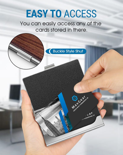 MaxGear Metal Business Card Holder for Men & Women, Professional Stainless Steel Card Case for Business Cards, Slim Purse Name Card Holders with Interior Lining, Buckle Style Shut, Black