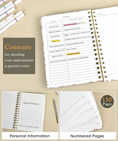 Lined Spiral Journal Notebook, A5 Hardcover Spiral Journals for Women Men, 150 Numbered Pages Spiral Bound Notebook, 100 GSM College Ruled Notebooks for Work, Note Taking 5.75" x 8.38", Olive Green