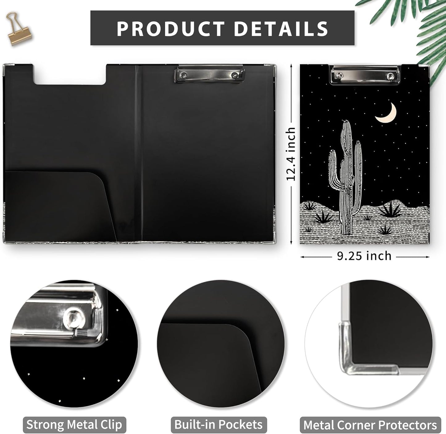 Gothic Moon Phase Clipboard Folio with Storage, Witchy Moon Decorative Clipboard Folder, Gothic Black Gold Clipboards for Women, Witchy Gifts Office Supplies, 12.4x9.2In