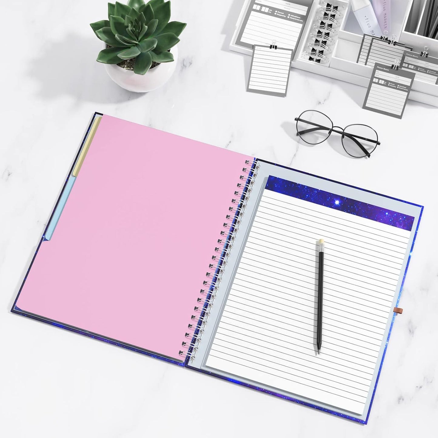 Rimilak Spiral Clipboards Folio with Refillable Lined Notepad, 14.5 x 9.8 In, Hardcover Cover with 5 Interior Pockets, Elastic Band and Pen Loop Series. Cute Stylish Clipfolio, Daisy Flower