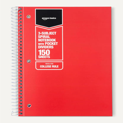 Amazon Basics Wide Ruled 3-Subject Spiral Notebooks with Pocket Dividers, 150 Sheets, 10.5" x 8", Assorted Primary Colors, 3-Pack