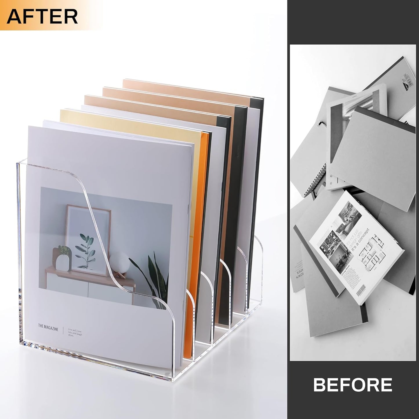 SANRUI Desk Organizer Clear Acrylic Desk Magazine File Holder with 3 Vertical Sections Magazine Rack File Organizer for Office, Home, School