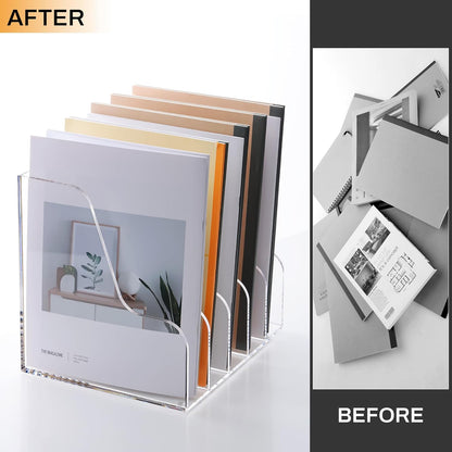 SANRUI Desk Organizer Clear Acrylic Desk Magazine File Holder with 3 Vertical Sections Magazine Rack File Organizer for Office, Home, School