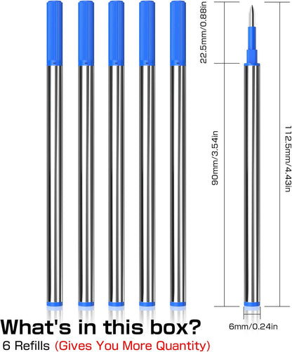 Gel Ink Rollerball Pen Refills - Amazing Luxury Ballpoint Pen Refills 0.5mm, Blue 6-Pack. Compatible with Scriveiner/BEILUNER/WEMATE/Pilot G2/YIVONKA/Waterman/Penneed Luxury Pen and Fancy Pen