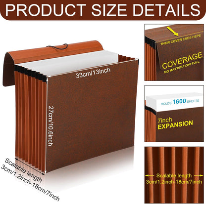 PerKoop 5 Pcs Expanding File Folder with Flap 7 Inch Expansion Expanding File Wallet with Elastic Cord Closure Letter Size Heavy Duty Document Organizer, 10 Slots, Brown